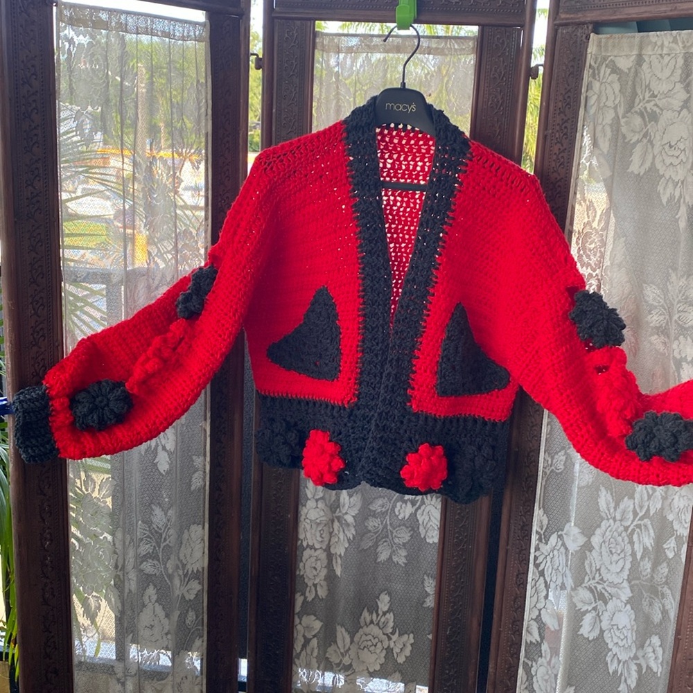 New crochet red gray cardigan